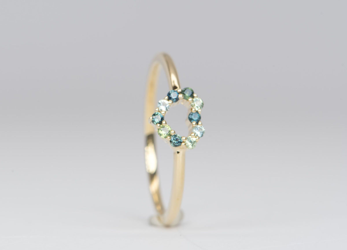 Dainty Heart-Shape Blue Green Sapphire Ring 14K Yellow Gold M6003 Aurora Designer