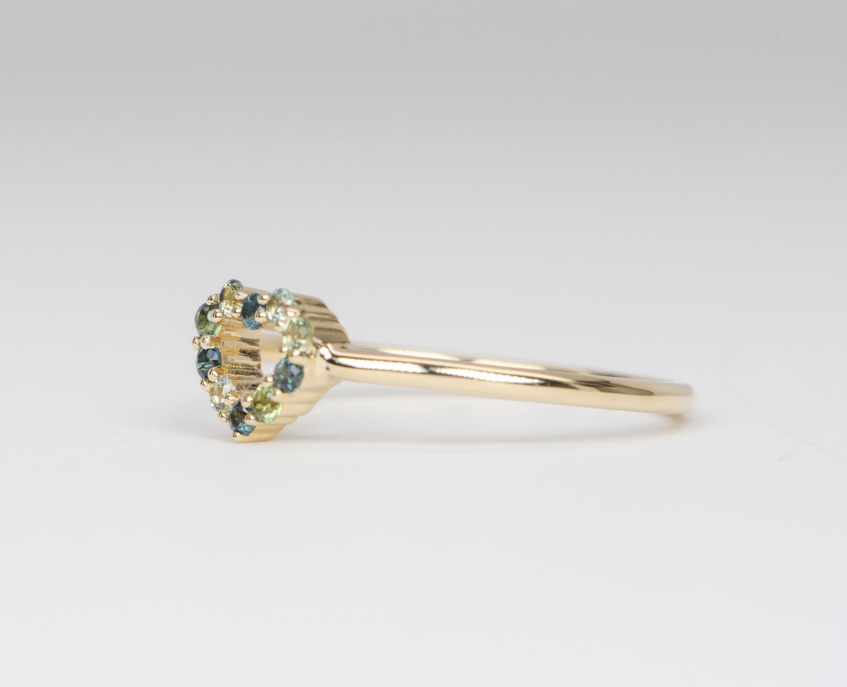 Dainty Heart-Shape Blue Green Sapphire Ring 14K Yellow Gold M6003 Aurora Designer
