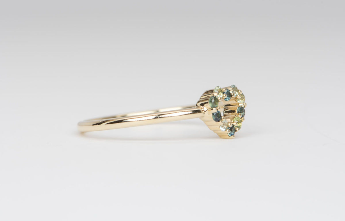 Dainty Heart-Shape Blue Green Sapphire Ring 14K Yellow Gold M6003 Aurora Designer