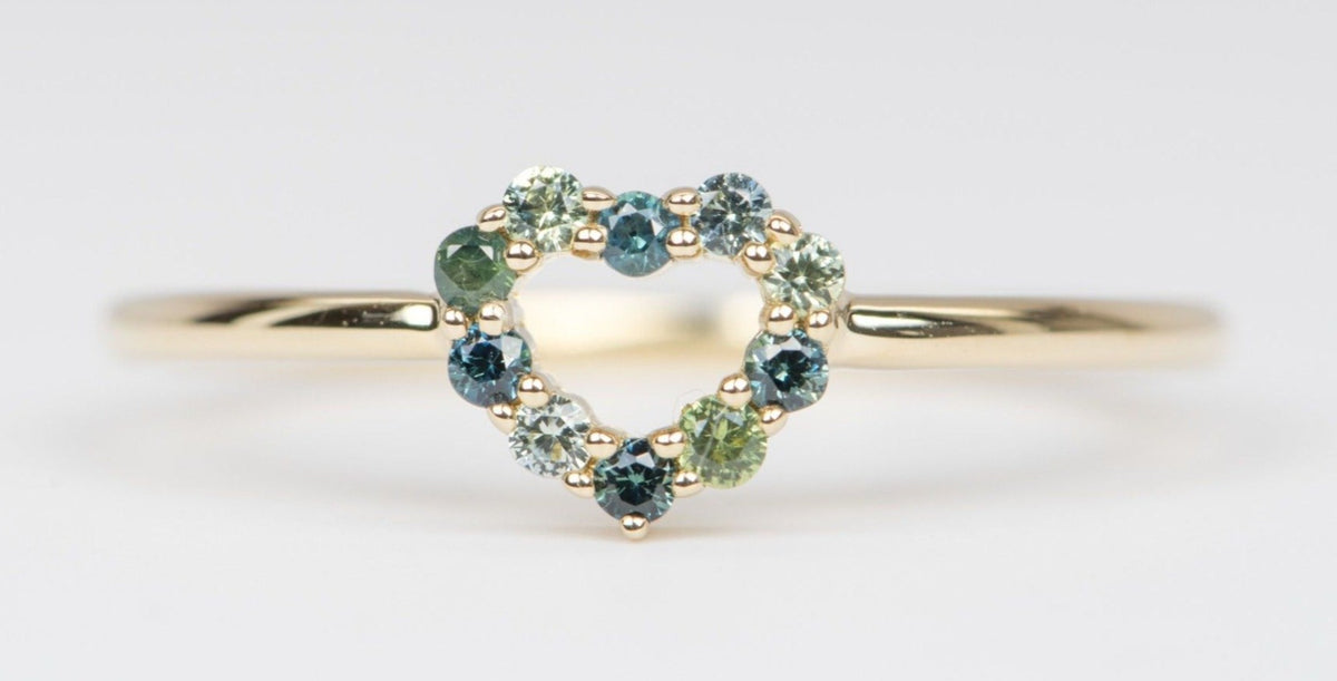 Dainty Heart-Shape Blue Green Sapphire Ring 14K Yellow Gold M6003 Aurora Designer