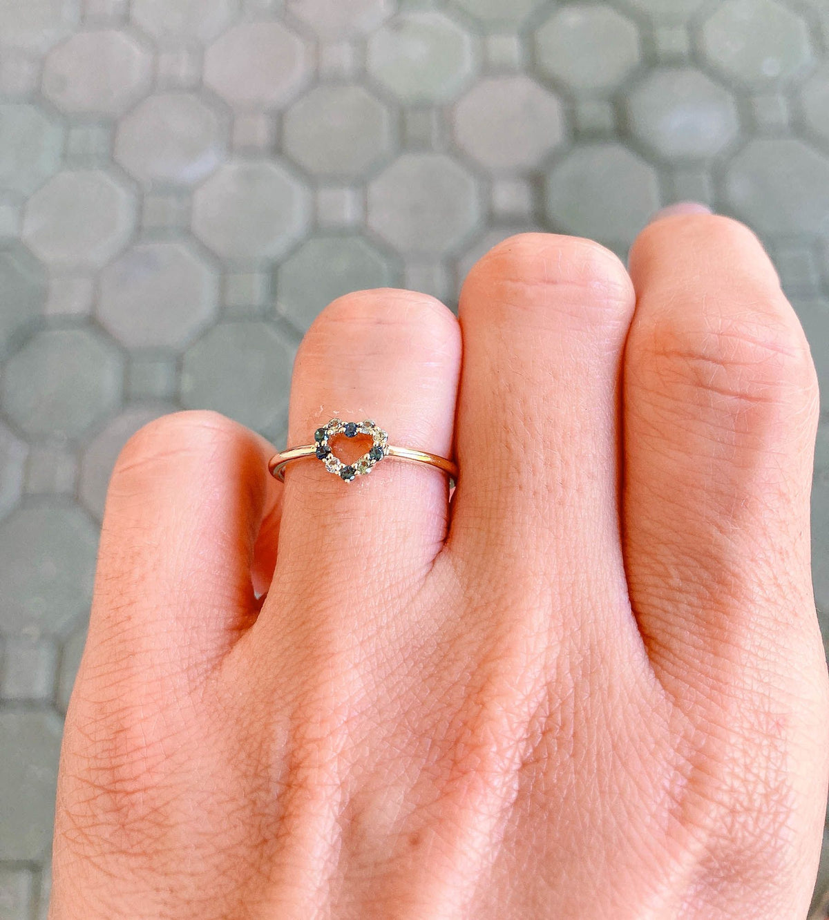 Dainty Heart-Shape Blue Green Sapphire Ring 14K Yellow Gold M6003 Aurora Designer