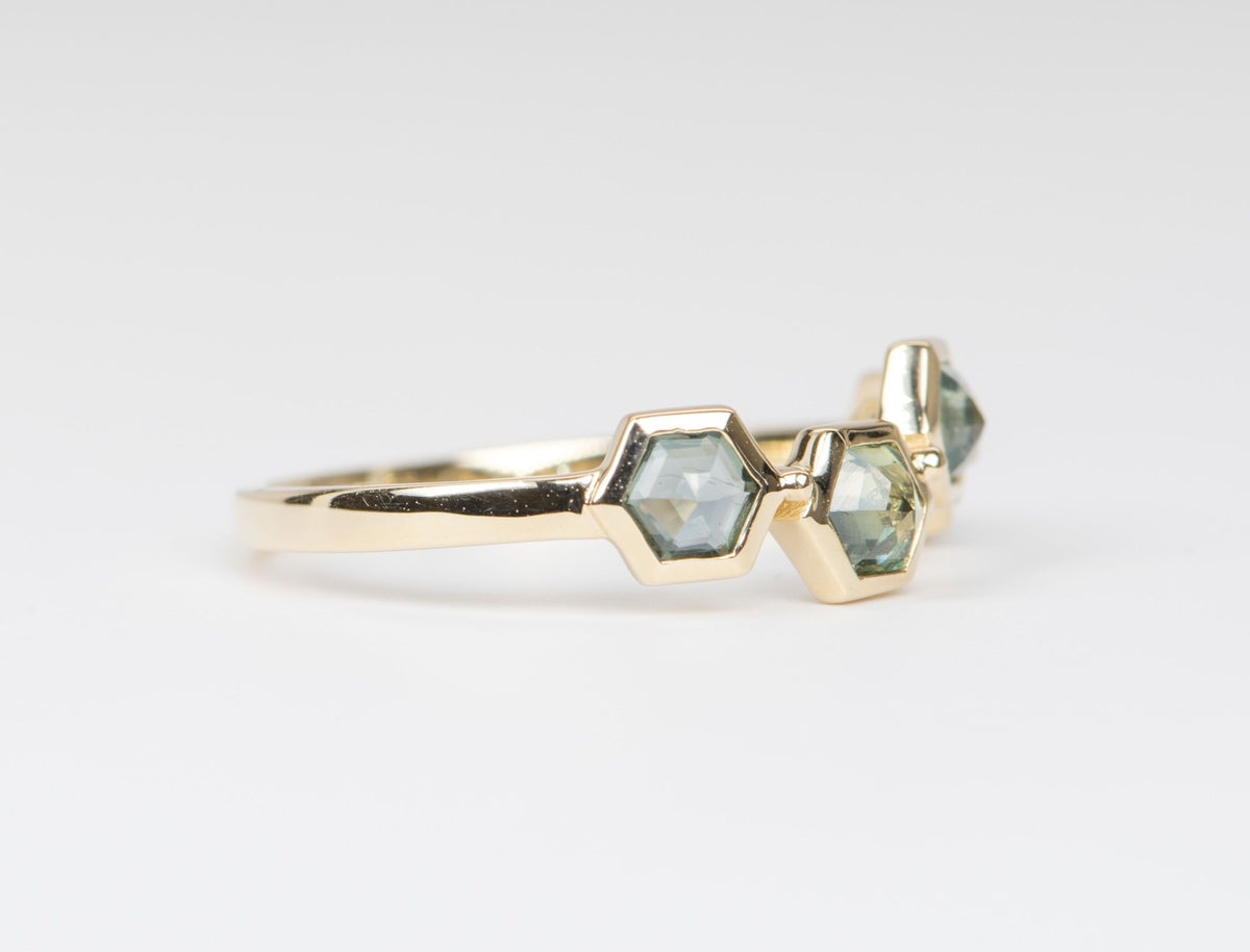 Inverted Set Hexagon Montana Sapphire Asymmetrical Bezel Set 14K Yellow Gold Wedding Band R5003 Aurora Designer