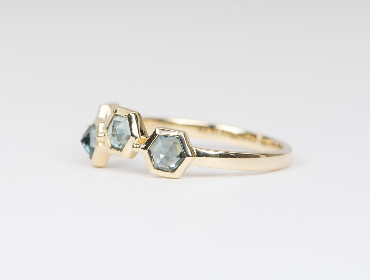 Inverted Set Hexagon Montana Sapphire Asymmetrical Bezel Set 14K Yellow Gold Wedding Band R5003 Aurora Designer