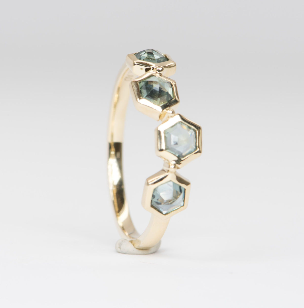 Inverted Set Hexagon Montana Sapphire Asymmetrical Bezel Set 14K Yellow Gold Wedding Band R5003 Aurora Designer