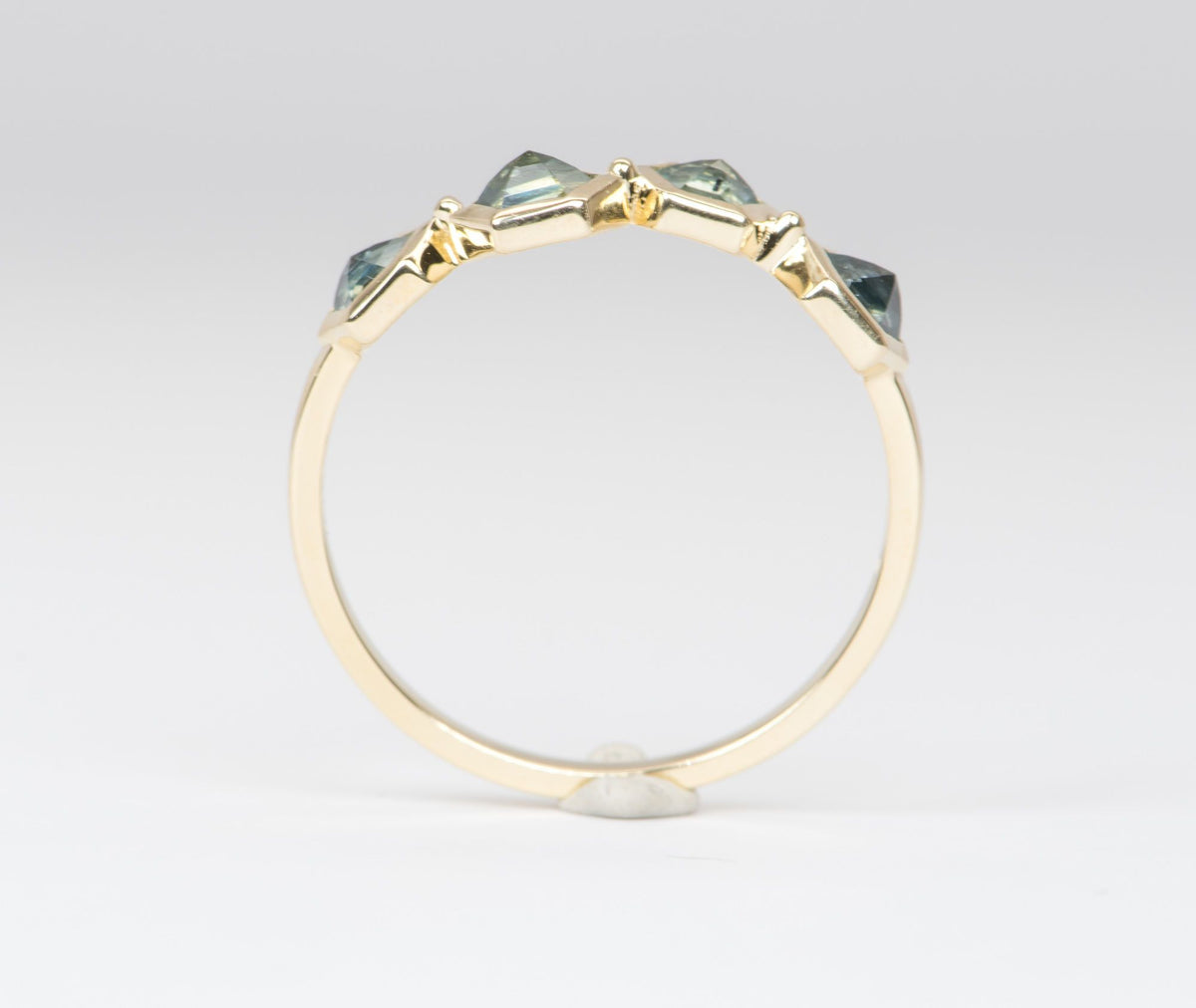 Inverted Set Hexagon Montana Sapphire Asymmetrical Bezel Set 14K Yellow Gold Wedding Band R5003 Aurora Designer