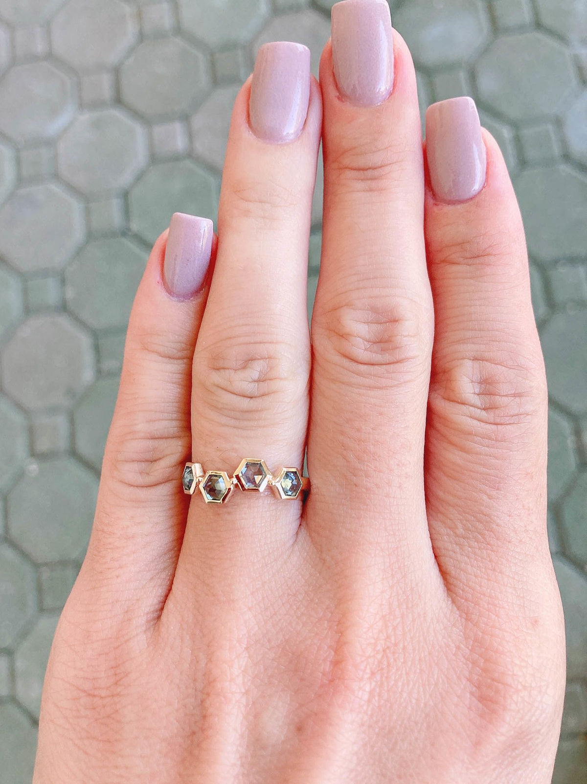 Inverted Set Hexagon Montana Sapphire Asymmetrical Bezel Set 14K Yellow Gold Wedding Band R5003 Aurora Designer