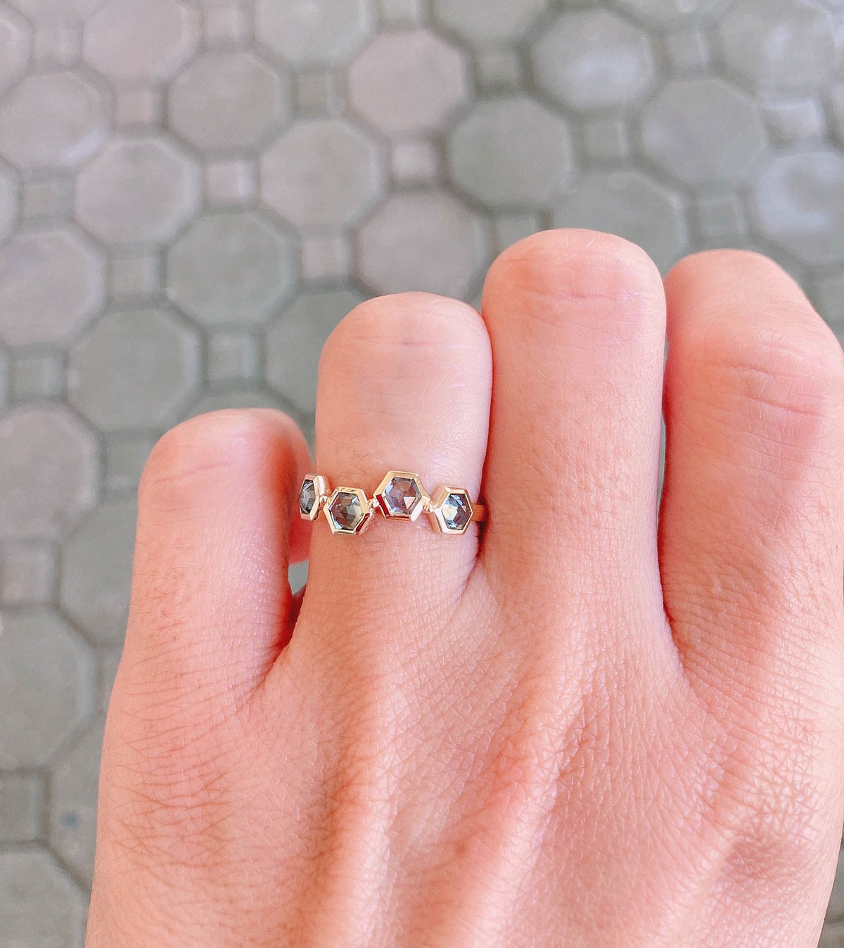 Inverted Set Hexagon Montana Sapphire Asymmetrical Bezel Set 14K Yellow Gold Wedding Band R5003 Aurora Designer
