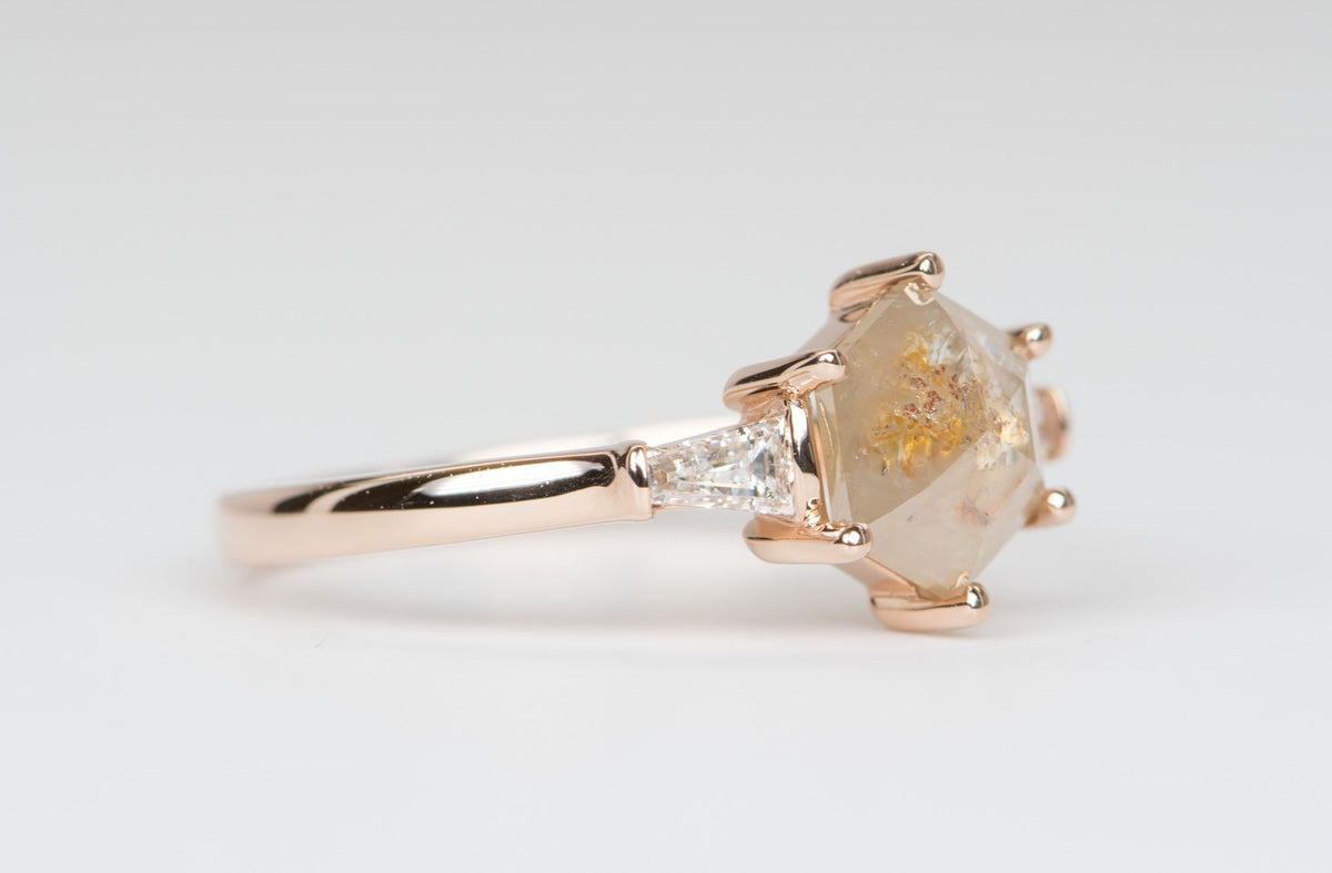 1.52ct Hexagon Salt and Pepper Diamond with Baguette Sides 14K Rose Gold Engagement Ring R6161 Aurora Designer