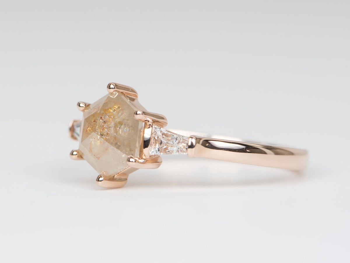 1.52ct Hexagon Salt and Pepper Diamond with Baguette Sides 14K Rose Gold Engagement Ring R6161 Aurora Designer