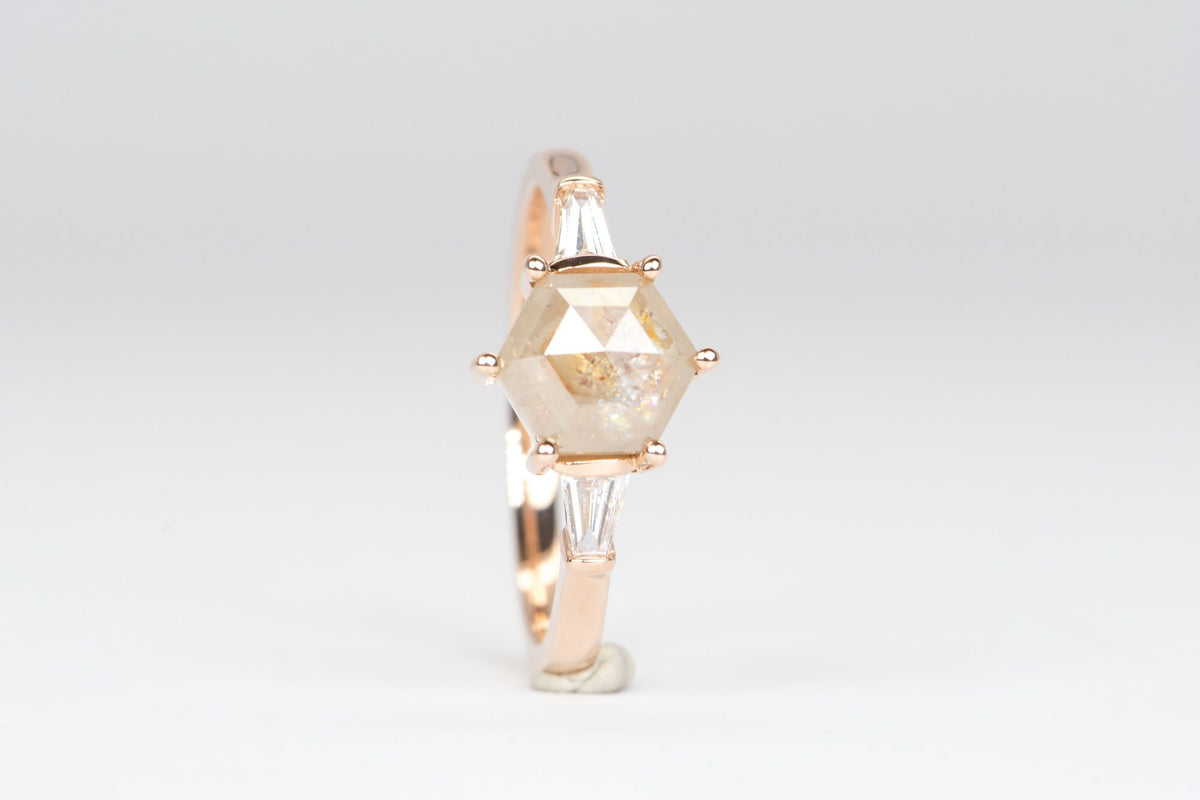 1.52ct Hexagon Salt and Pepper Diamond with Baguette Sides 14K Rose Gold Engagement Ring R6161 Aurora Designer