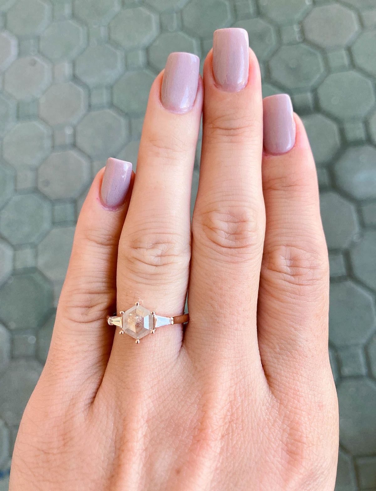1.52ct Hexagon Salt and Pepper Diamond with Baguette Sides 14K Rose Gold Engagement Ring R6161 Aurora Designer