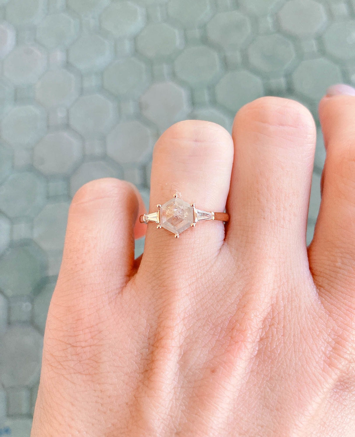 1.52ct Hexagon Salt and Pepper Diamond with Baguette Sides 14K Rose Gold Engagement Ring R6161 Aurora Designer