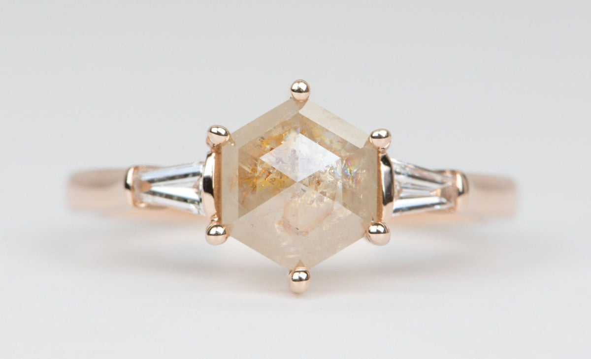 1.52ct Hexagon Salt and Pepper Diamond with Baguette Sides 14K Rose Gold Engagement Ring R6161 Aurora Designer