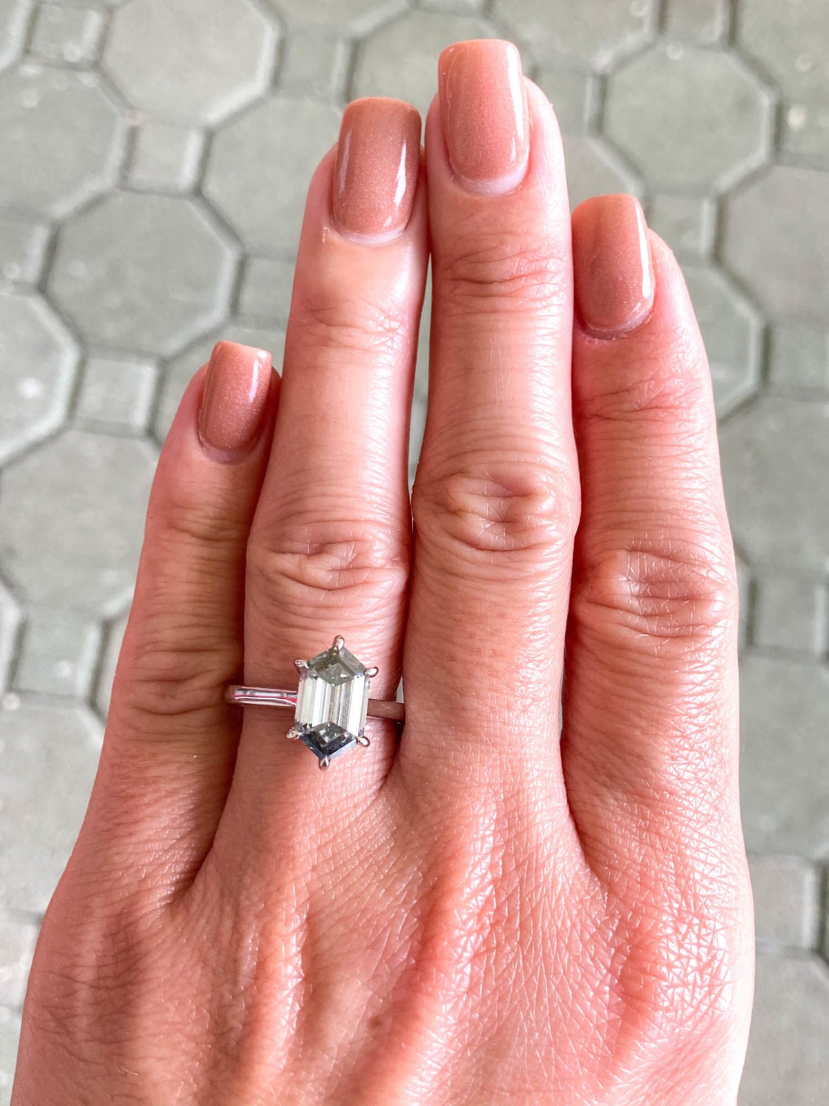 2.71ct Hexagon-Shape Gray Moissanite 14K White Gold Engagement Ring R6248 Aurora Designer