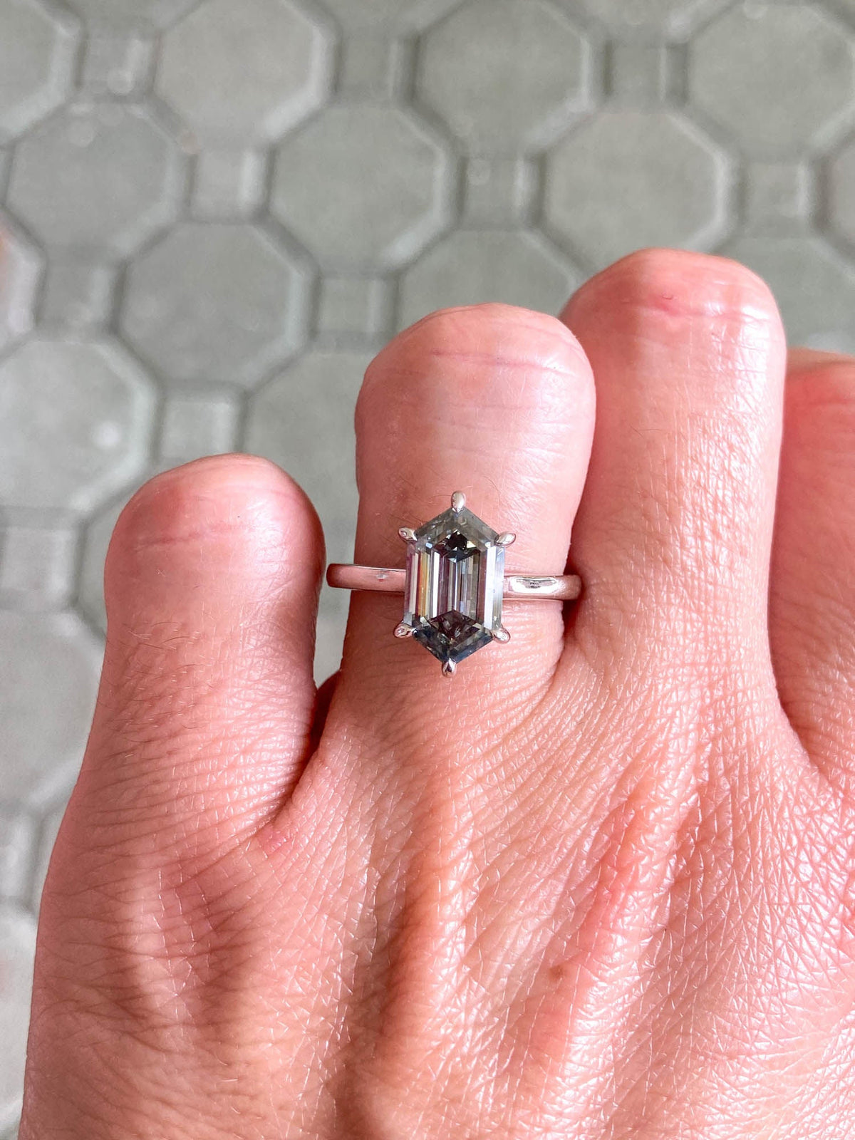 2.71ct Hexagon-Shape Gray Moissanite 14K White Gold Engagement Ring R6248 Aurora Designer