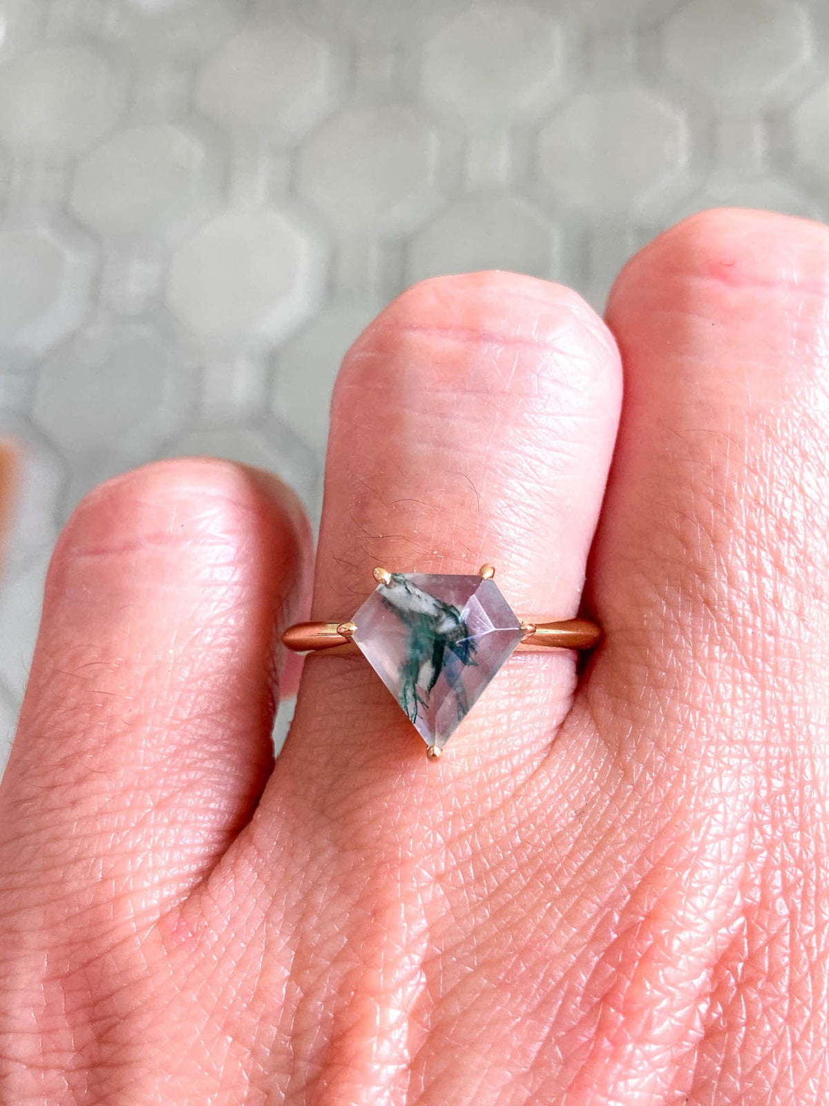 1.75ct Shield-Shape Moss Agate 14K Yellow Gold Engagement Ring R6246 Aurora Designer