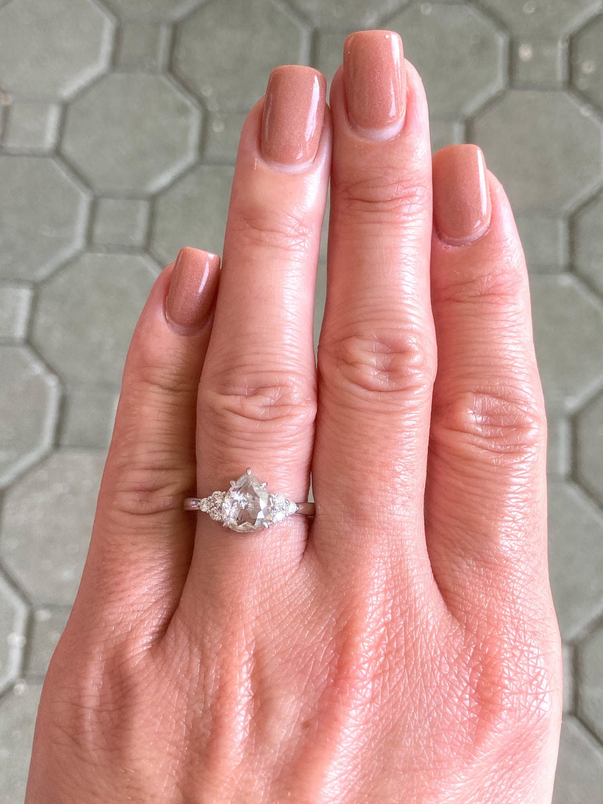 1.61ct Clear Celestial Diamond with Trio Sides 14K White Gold Engagement Ring R6254 Aurora Designer