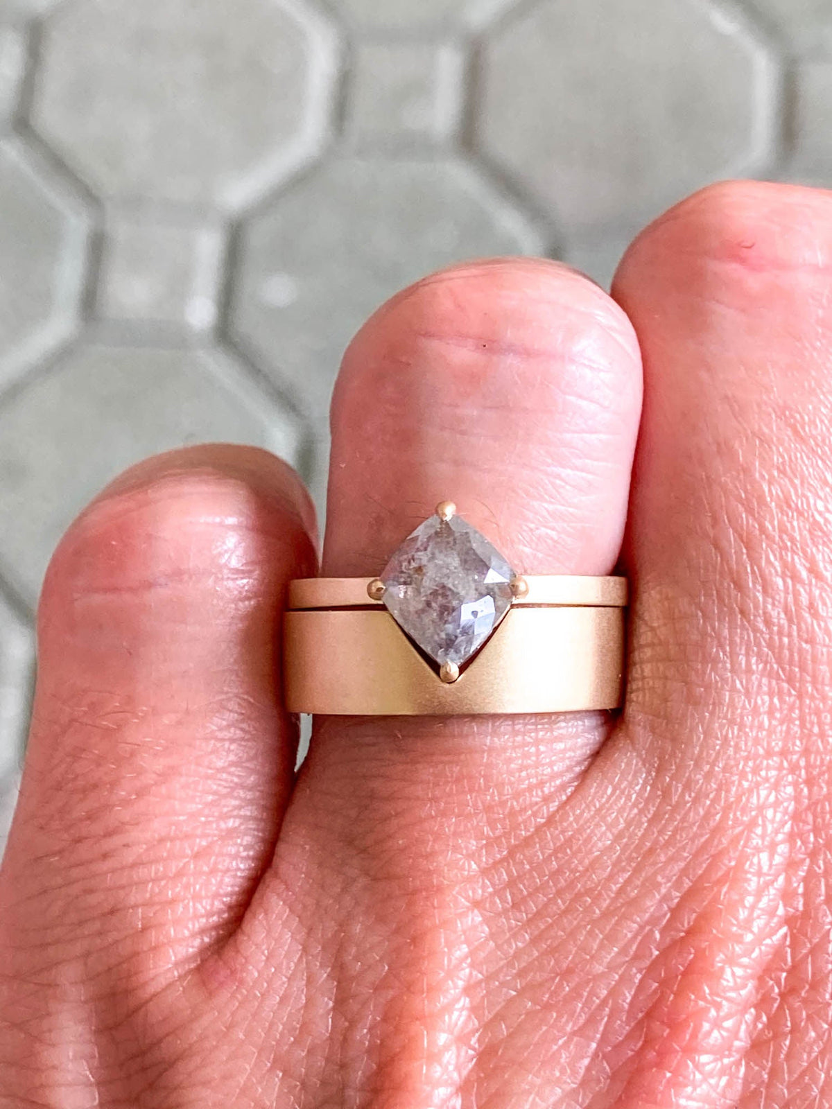 1.3ct Kite-Shape Salt and Pepper Diamond Engagement Ring with Wedding Band 14K Yellow Gold R6256 Aurora Designer