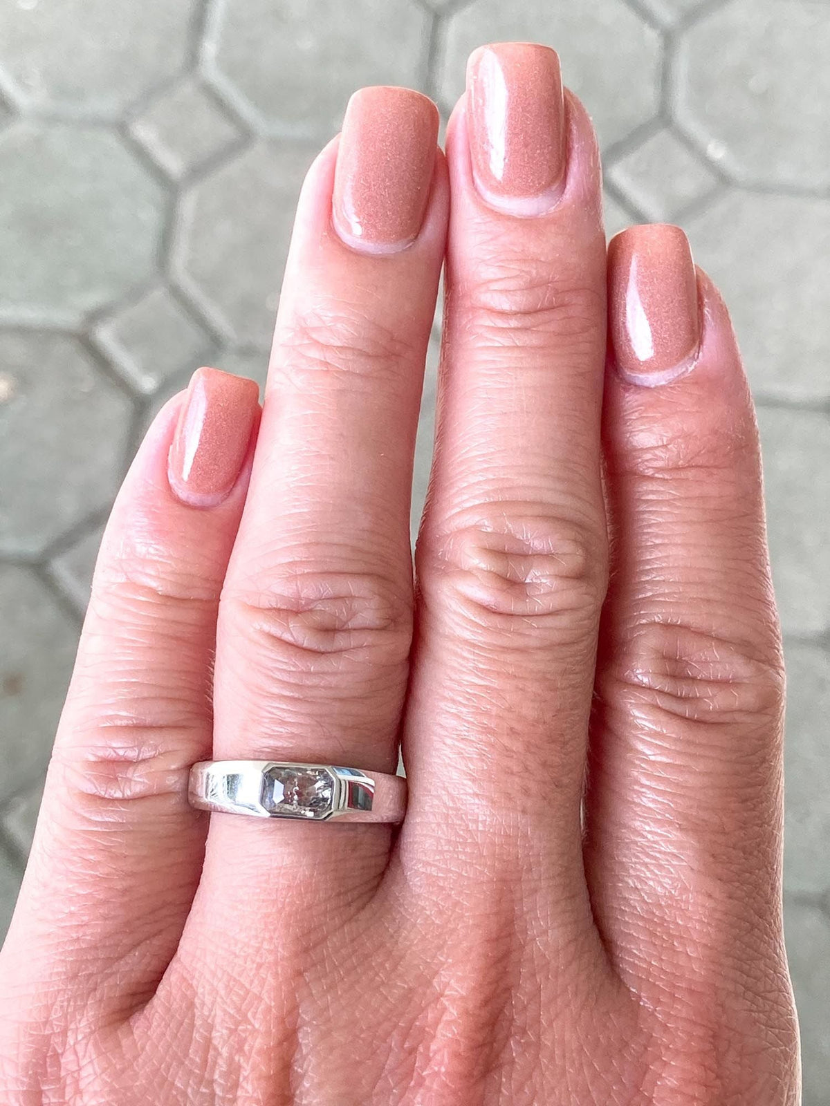 Clear Celestial Salt and Pepper Diamond Bezel Set 4mm Wide Band 14K Gold Engagement Ring R6250 Aurora Designer