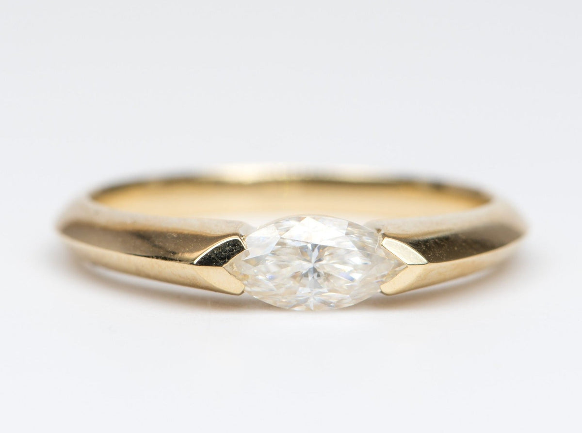 Half Carat Marquise Moissanite Half Bezel Set Band 14K Yellow Gold Engagement Ring R6251 Aurora Designer