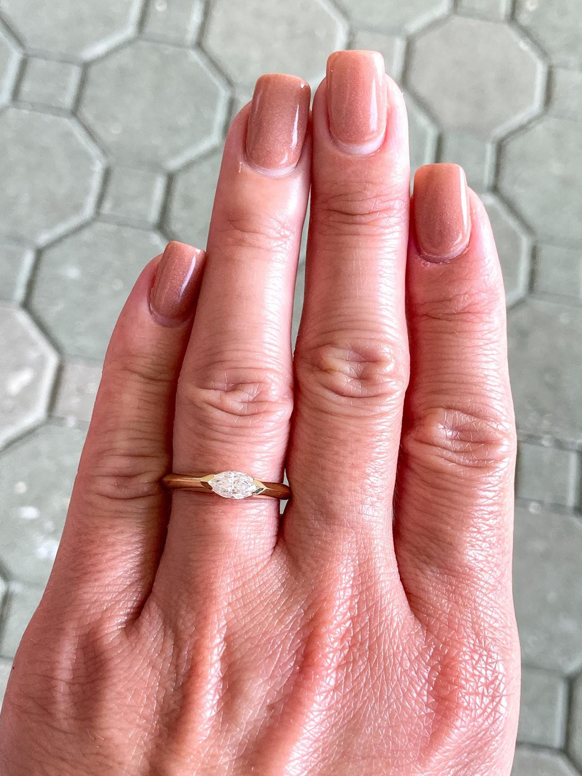 Half Carat Marquise Moissanite Half Bezel Set Band 14K Yellow Gold Engagement Ring R6251 Aurora Designer