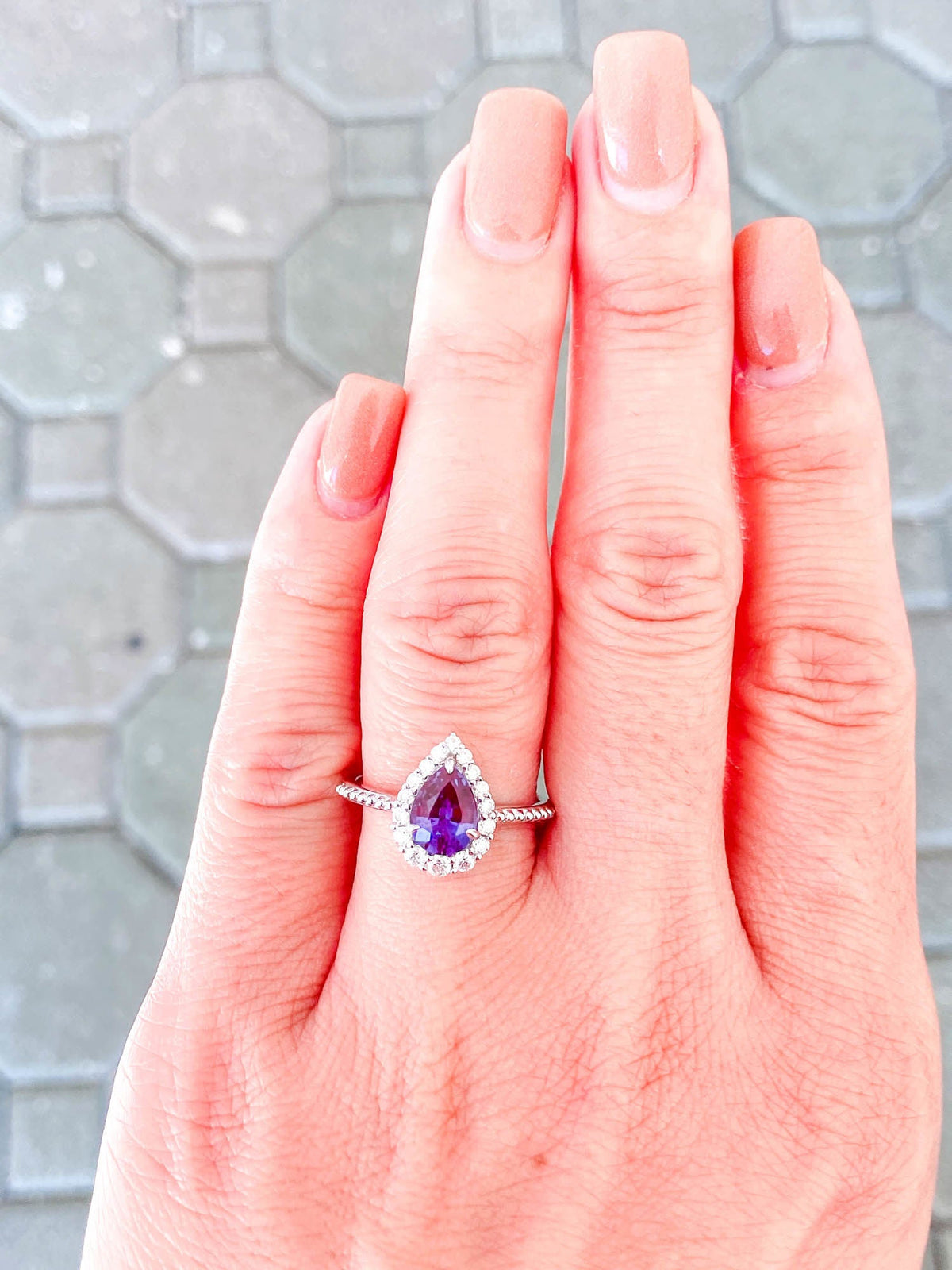 1.4ct Lab-Created Alexandrite Moissanite Halo Engagement Ring 14K Gold R6262 Aurora Designer