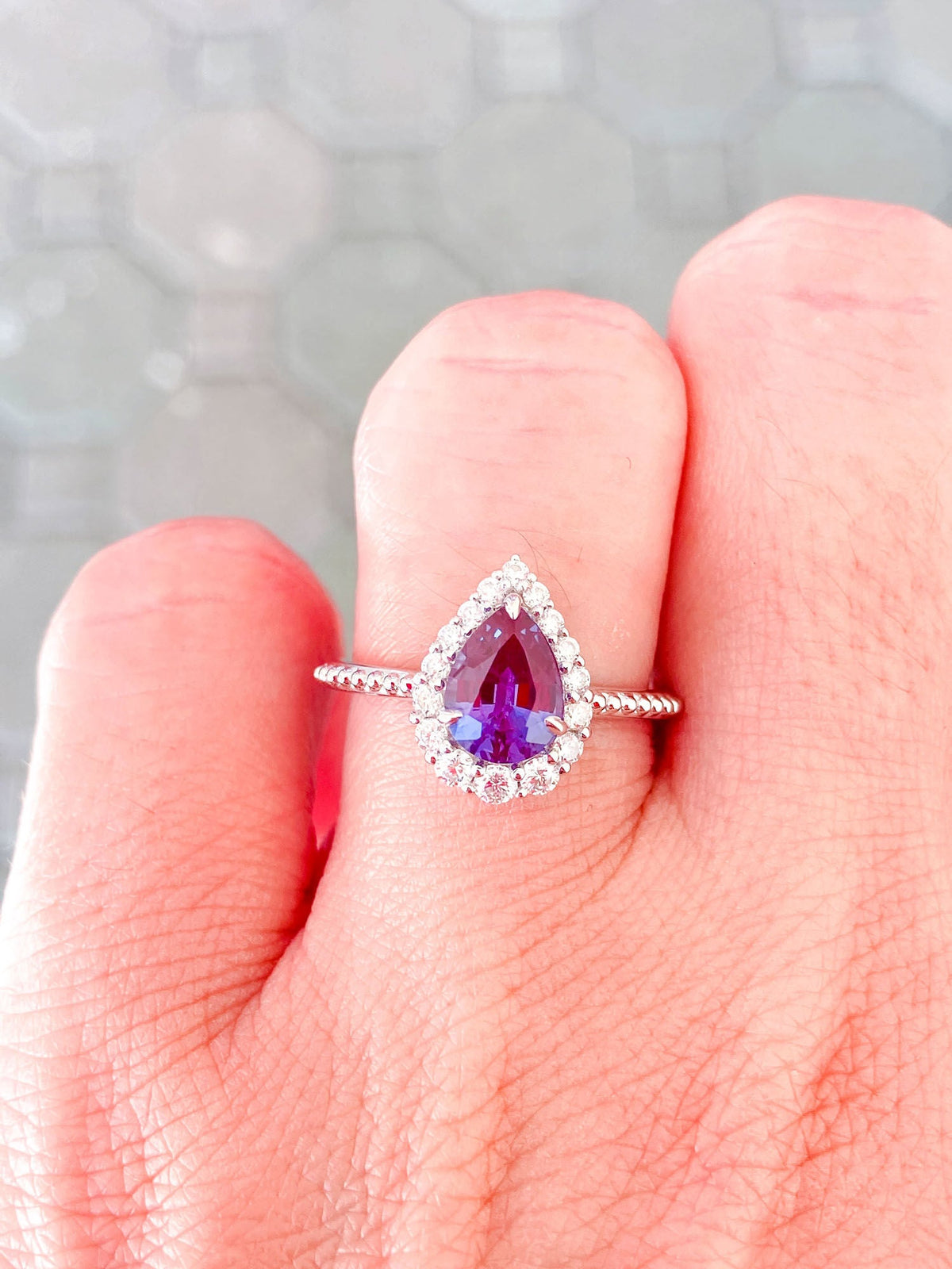 1.4ct Lab-Created Alexandrite Moissanite Halo Engagement Ring 14K Gold R6262 Aurora Designer