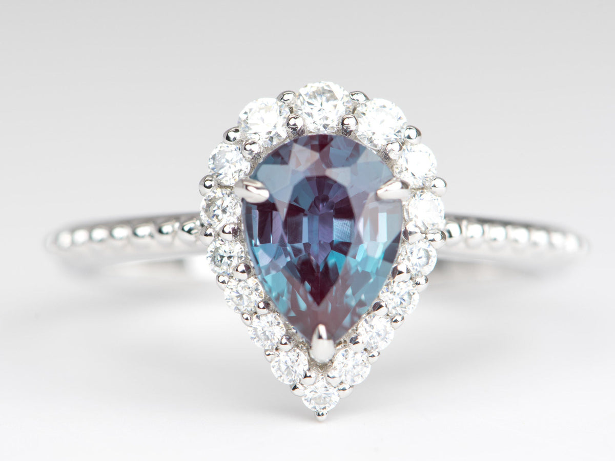 1.4ct Lab-Created Alexandrite Moissanite Halo Engagement Ring 14K Gold R6262 Aurora Designer