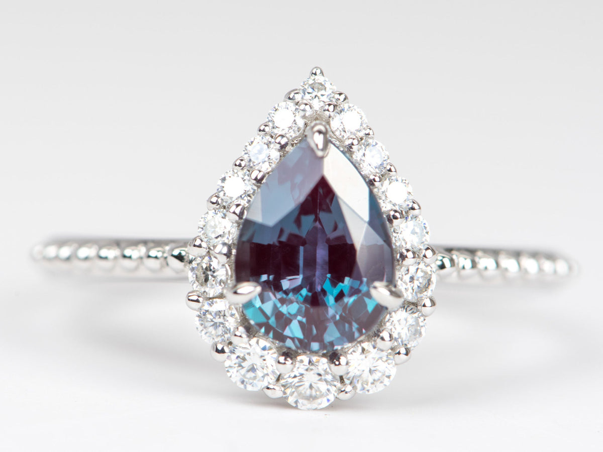 1.4ct Lab-Created Alexandrite Moissanite Halo Engagement Ring 14K Gold R6262 Aurora Designer
