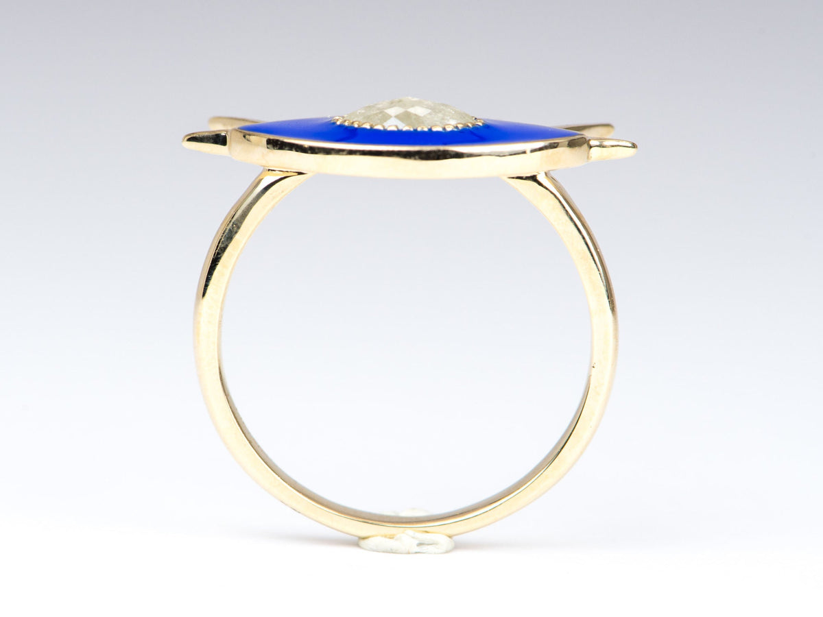 Icy Diamond with Blue Enamel 14K Yellow Gold Evil Eye Ring R6274 Aurora Designer
