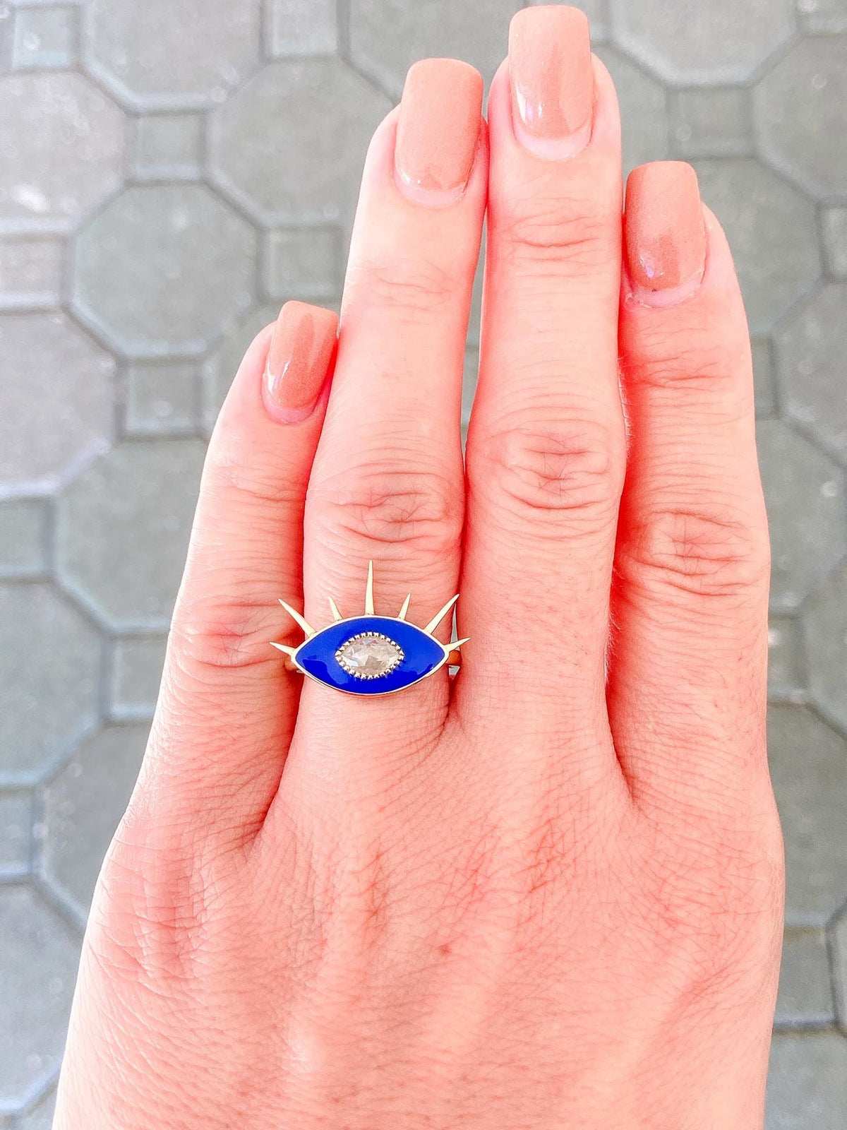 Icy Diamond with Blue Enamel 14K Yellow Gold Evil Eye Ring R6274 Aurora Designer