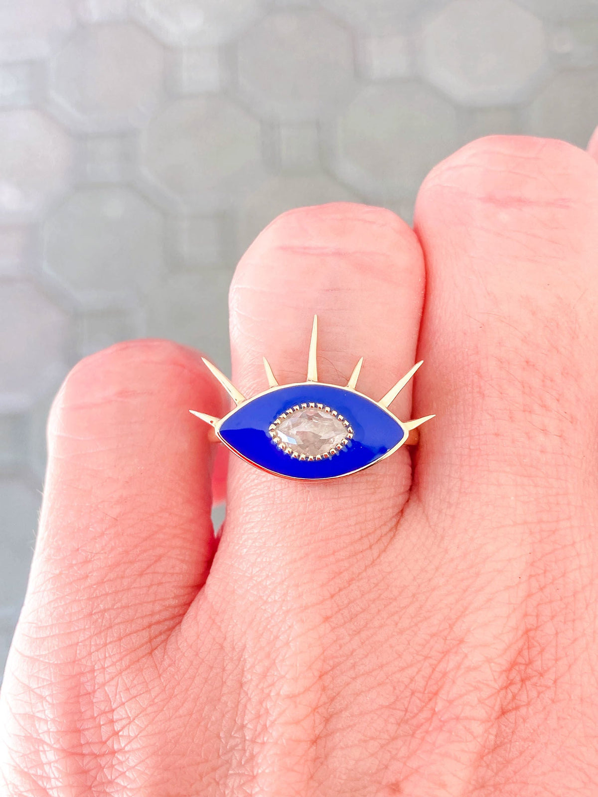 Icy Diamond with Blue Enamel 14K Yellow Gold Evil Eye Ring R6274 Aurora Designer