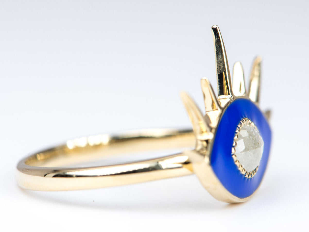 Icy Diamond with Blue Enamel 14K Yellow Gold Evil Eye Ring R6274 Aurora Designer