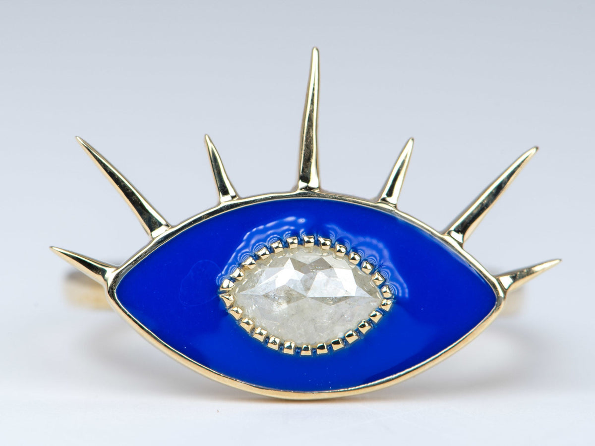 Icy Diamond with Blue Enamel 14K Yellow Gold Evil Eye Ring R6274 Aurora Designer