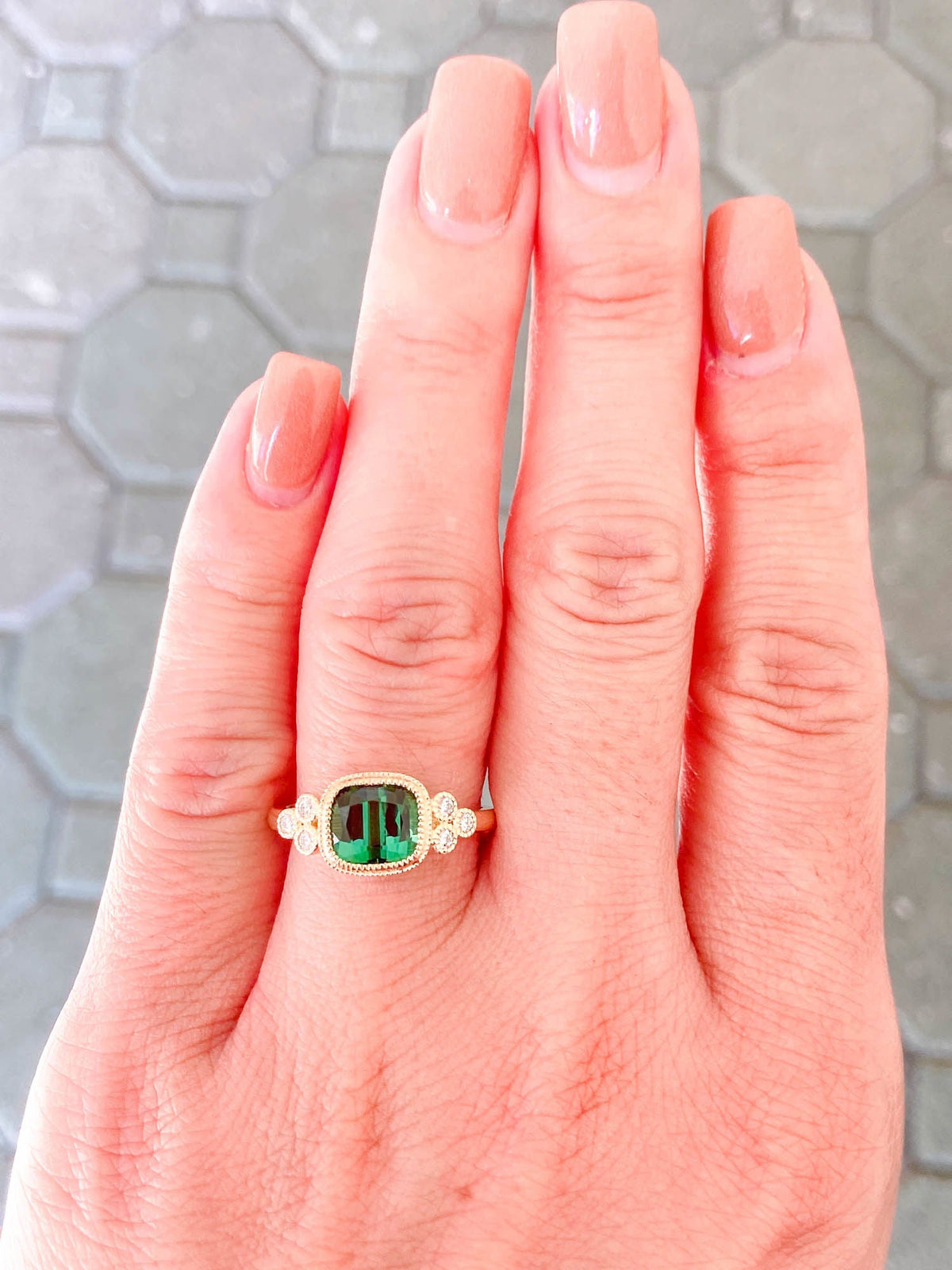2.38ct Intense Green Tourmaline Milgrain Diamond 14K Gold Engagement Ring R6276 Aurora Designer