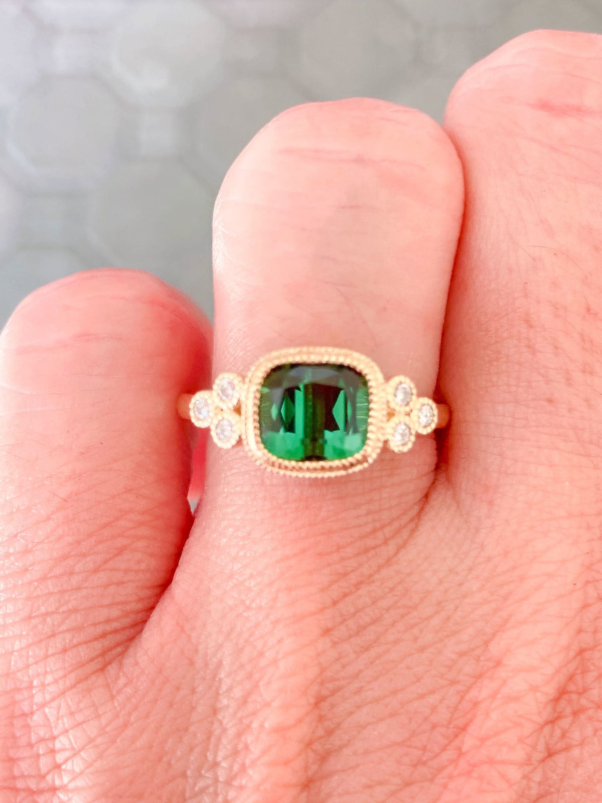 2.38ct Intense Green Tourmaline Milgrain Diamond 14K Gold Engagement Ring R6276 Aurora Designer
