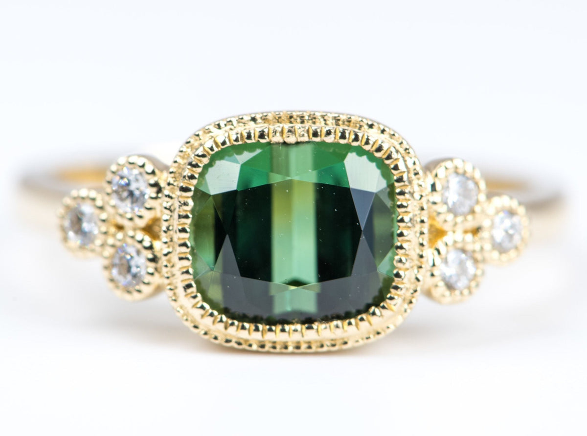 2.38ct Intense Green Tourmaline Milgrain Diamond 14K Gold Engagement Ring R6276 Aurora Designer