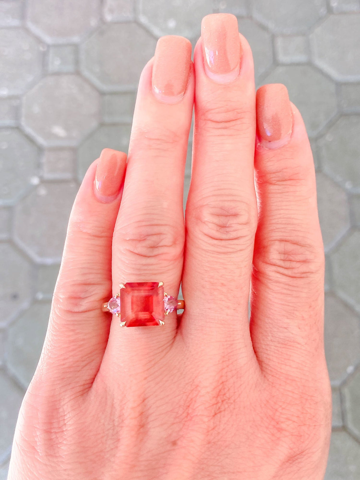 4.76ct Oregon Sunstone with Pink Spinel Engagement Ring 14K Yellow Gold R6275 Aurora Designer