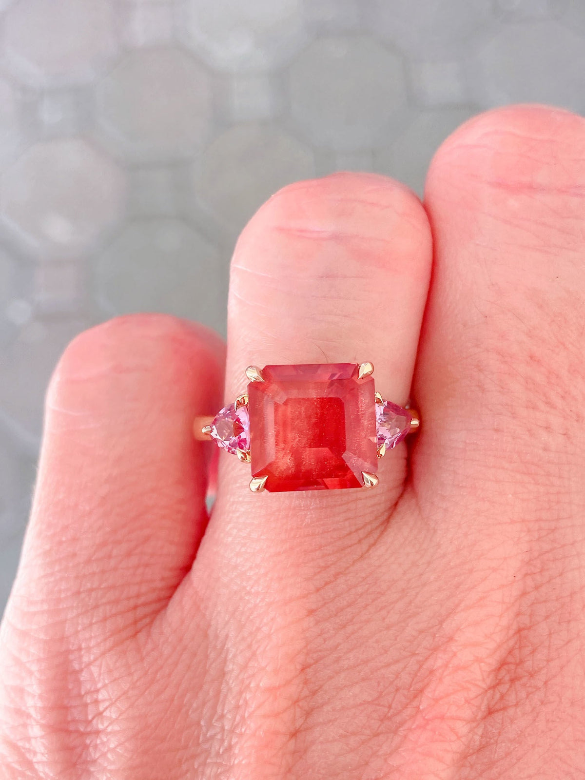 4.76ct Oregon Sunstone with Pink Spinel Engagement Ring 14K Yellow Gold R6275 Aurora Designer