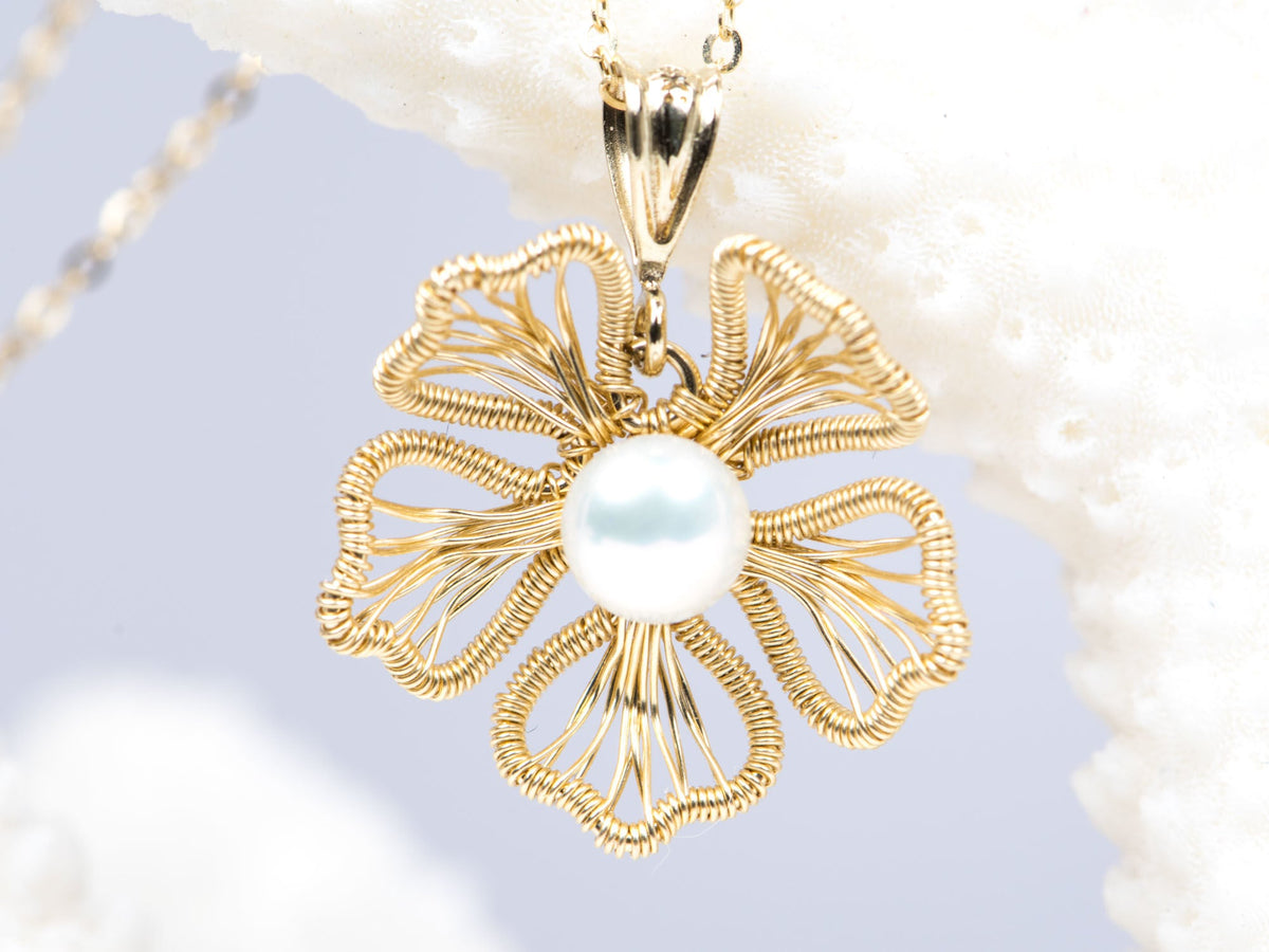 14K Gold Filled Wire Wrap Flower Motiff Pendant with Freshwater Pearl R4135 Aurora Designer