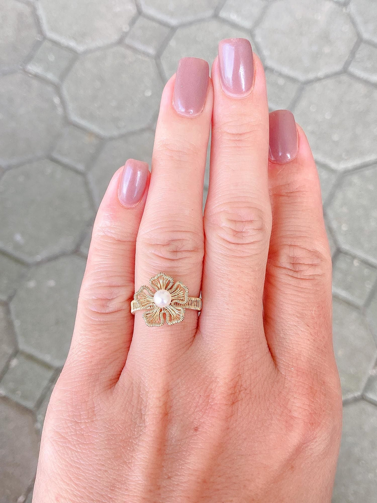 14K Gold Filled Wire Wrap Flower Motiff Open End Ring Freshwater Pearl R6278 Aurora Designer