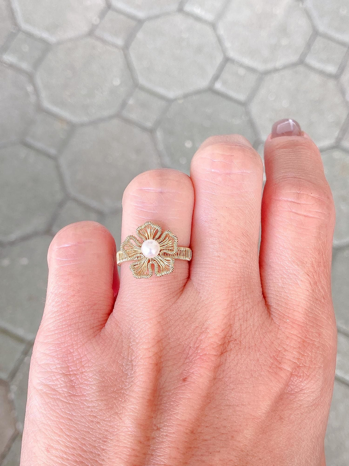 14K Gold Filled Wire Wrap Flower Motiff Open End Ring Freshwater Pearl R6278 Aurora Designer