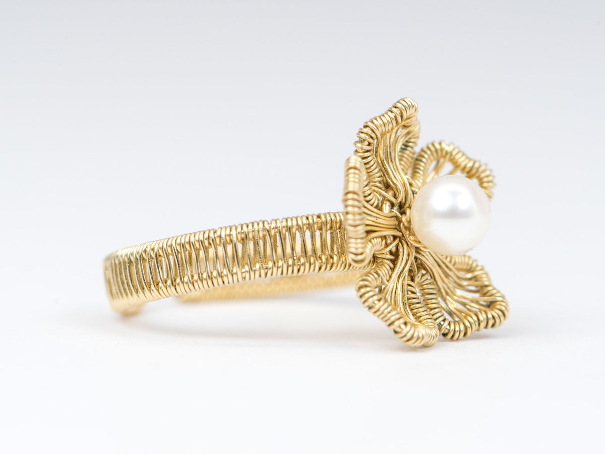 14K Gold Filled Wire Wrap Flower Motiff Open End Ring Freshwater Pearl R6278 Aurora Designer