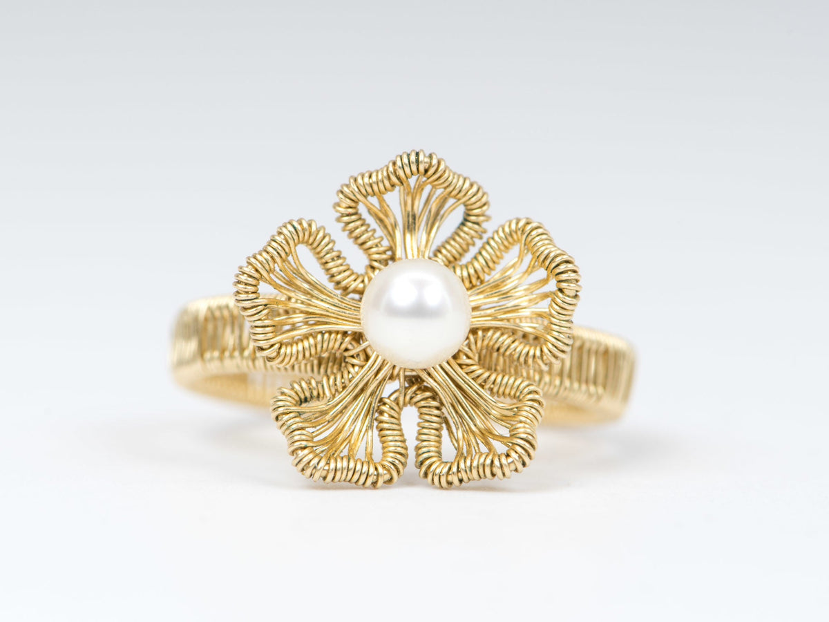 14K Gold Filled Wire Wrap Flower Motiff Open End Ring Freshwater Pearl R6278 Aurora Designer