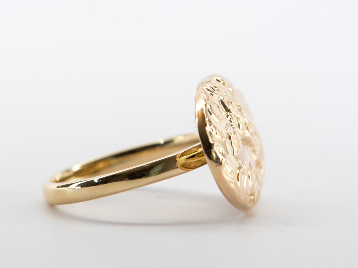 Victorian Art Nouveau Woman Face Diamond Repousse Ring 14K Yellow Gold R6280 Aurora Designer