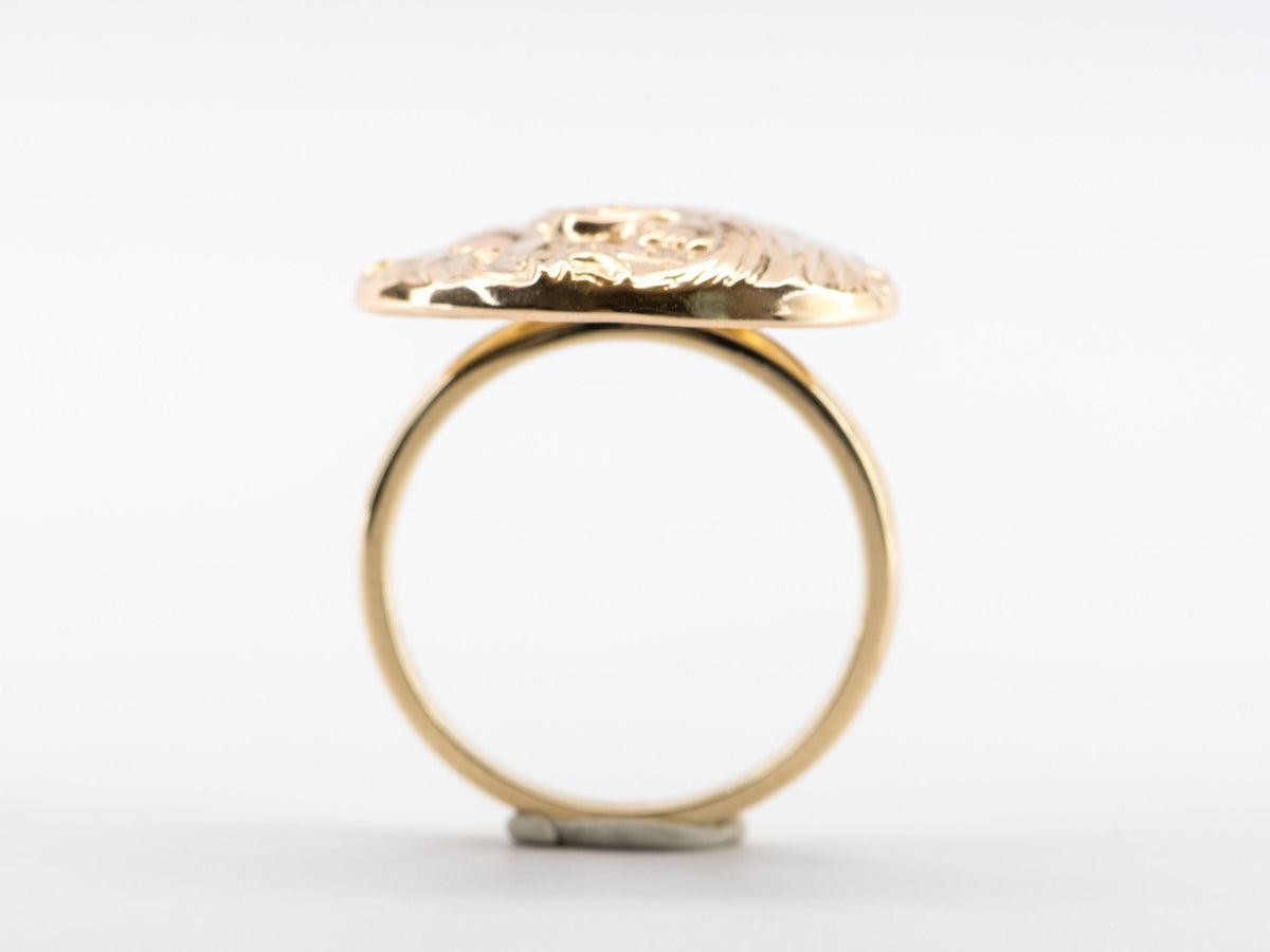 Victorian Art Nouveau Woman Face Diamond Repousse Ring 14K Yellow Gold R6280 Aurora Designer