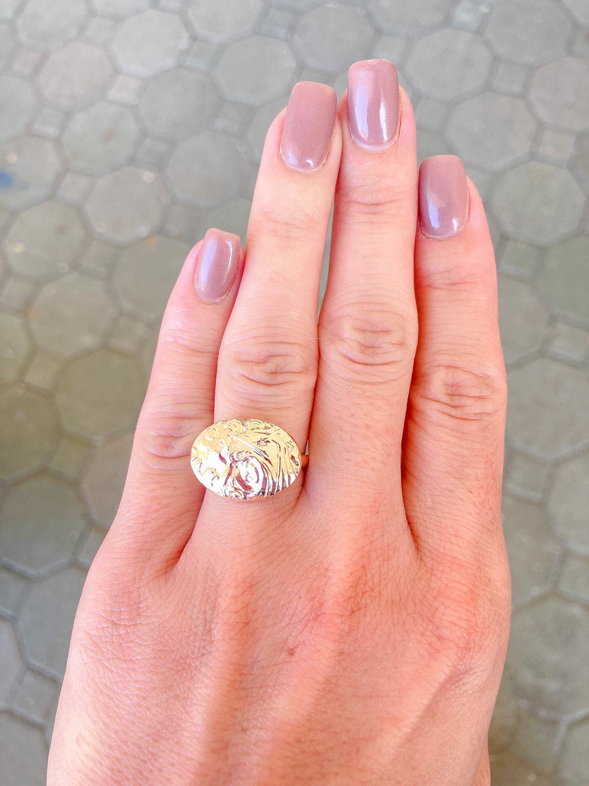 Victorian Art Nouveau Woman Face Diamond Repousse Ring 14K Yellow Gold R6280 Aurora Designer