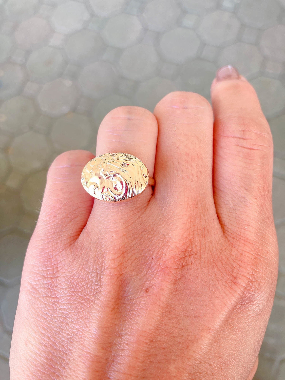 Victorian Art Nouveau Woman Face Diamond Repousse Ring 14K Yellow Gold R6280 Aurora Designer