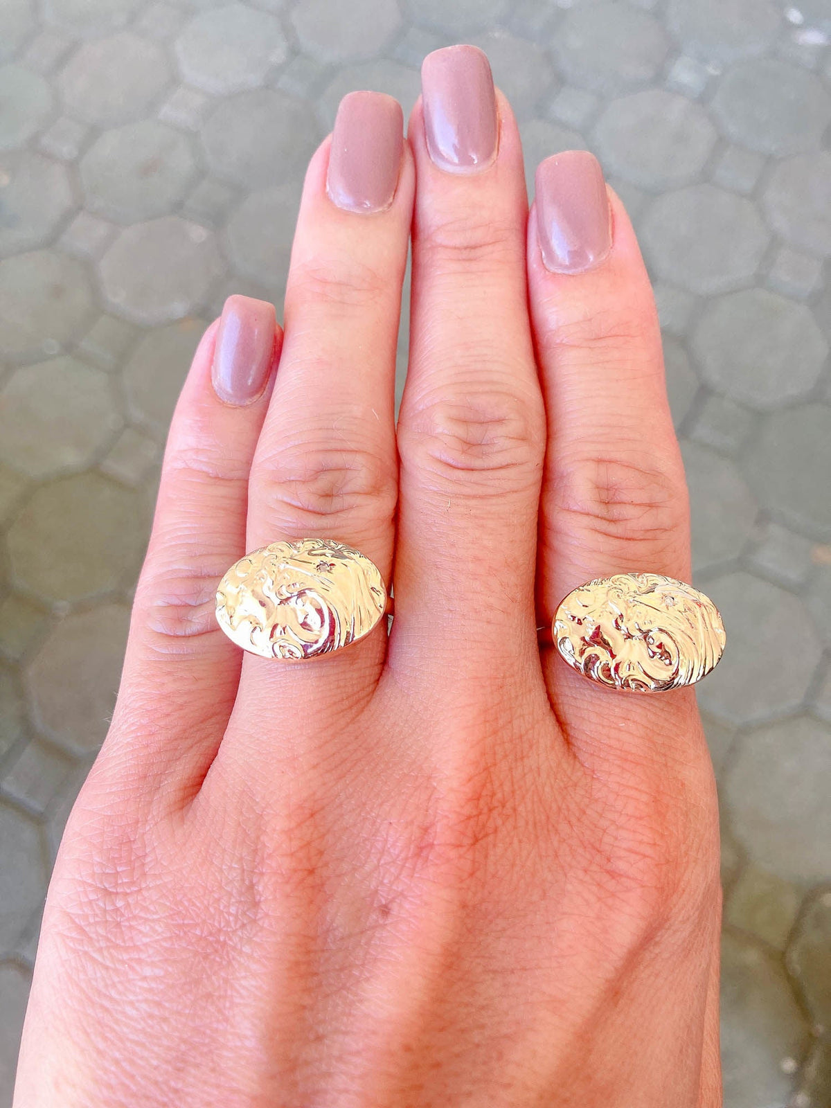 Victorian Art Nouveau Woman Face Diamond Repousse Ring 14K Yellow Gold R6280 Aurora Designer