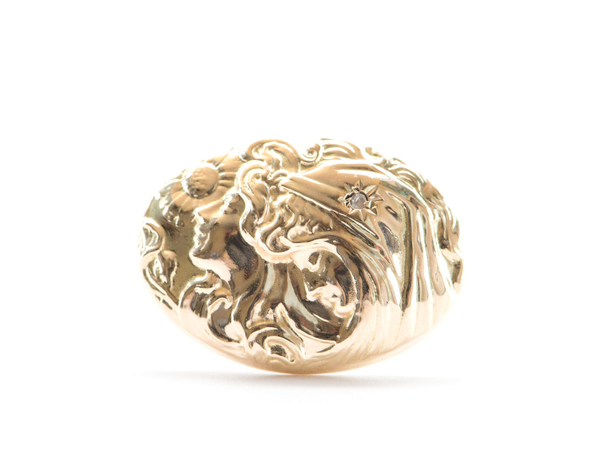 Victorian Art Nouveau Woman Face Diamond Repousse Ring 14K Yellow Gold R6280 Aurora Designer